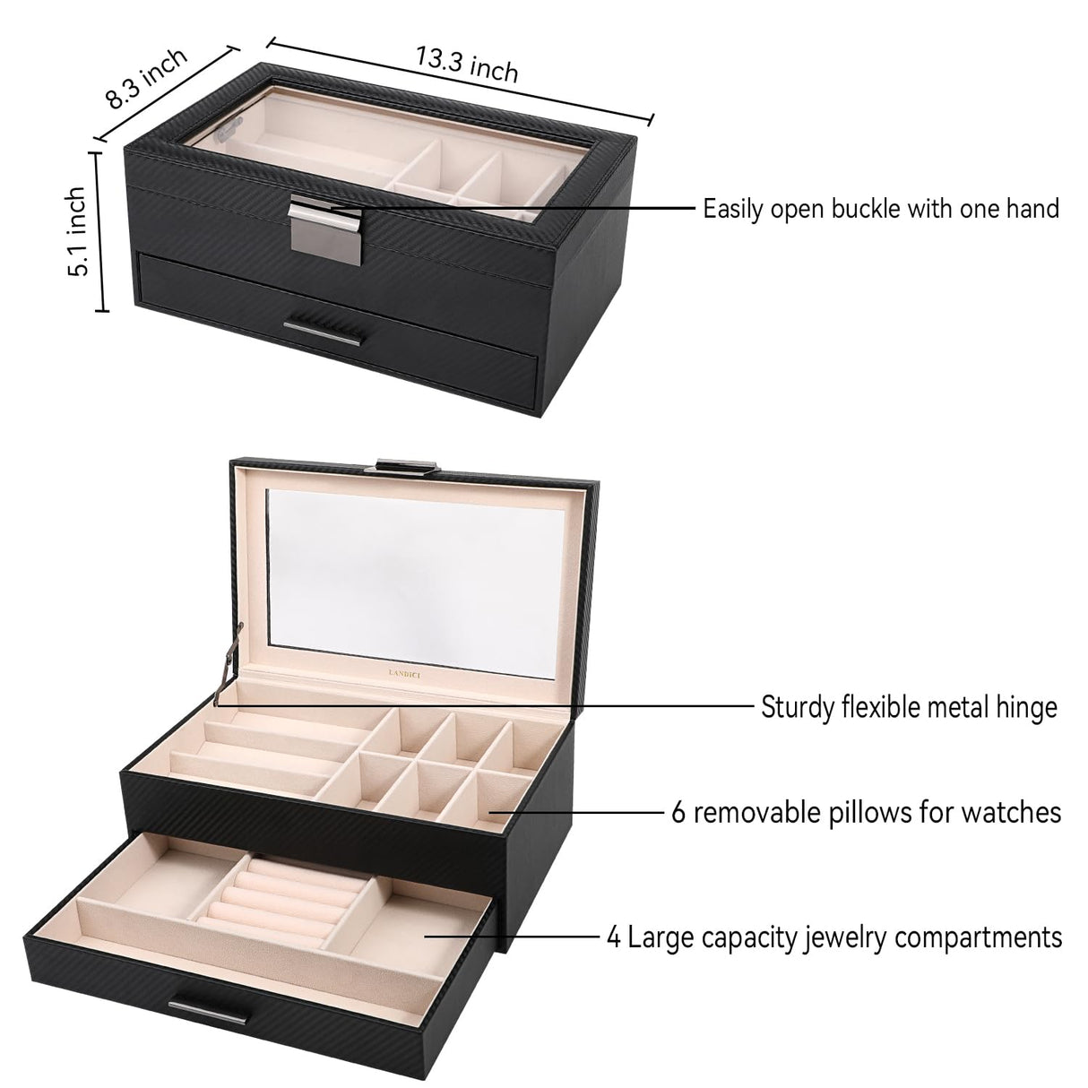 LANDICI Watch Box for Men Women 2 Layer PU Leather Watch Organizer Storage Case,Large Jewelry Box Watch Holder Organizer Display for Watch Sunglasses Bracelet Necklace Ring,Black & Apricot LANDICI