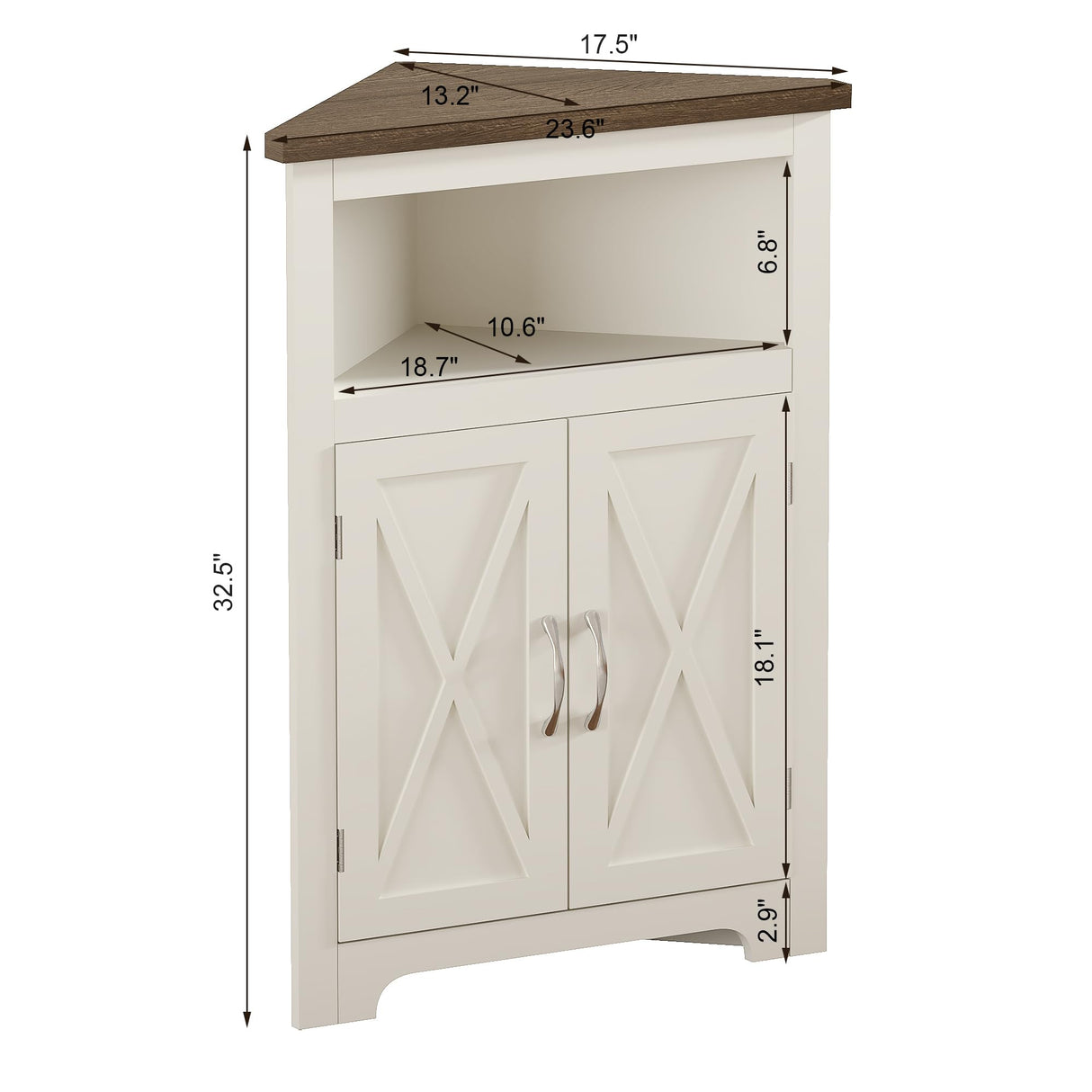 ChooChoo Farmhouse Corner Cabinet, Small Corner Storage Cabinet with Barn Door Design and Adjustable Shelf, Home Space Saver for Living Room, Bathroom, Kitchen, Soft White & Brown ChooChoo
