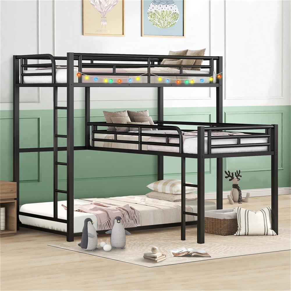 TURRIDU Heavy-Duty Triple Bunk Bed, Metal L-Shaped Bunk Bed for 3 Kids Adults with Built-in Ladder and Full-Length Guardrails, No Box Spring Needed & Space Saving Metal Triple Bunk Bed TURRIDU