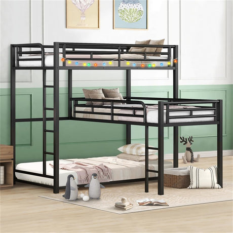 TURRIDU Heavy-Duty Triple Bunk Bed, Metal L-Shaped Bunk Bed for 3 Kids Adults with Built-in Ladder and Full-Length Guardrails, No Box Spring Needed & Space Saving Metal Triple Bunk Bed TURRIDU