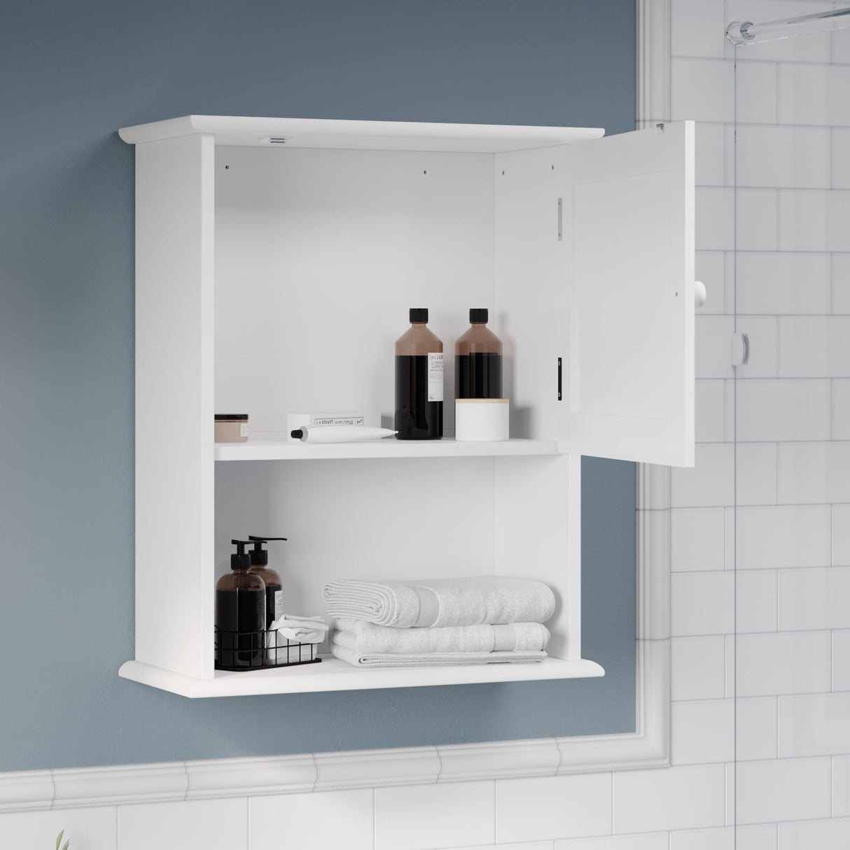 Wall-Mounted Storage Cabinet – Kitchen, Pantry, Laundry Room or Bathroom Organizer with Open Shelf – Bathroom Storage Furniture by Lavish Home (White) Lavish Home