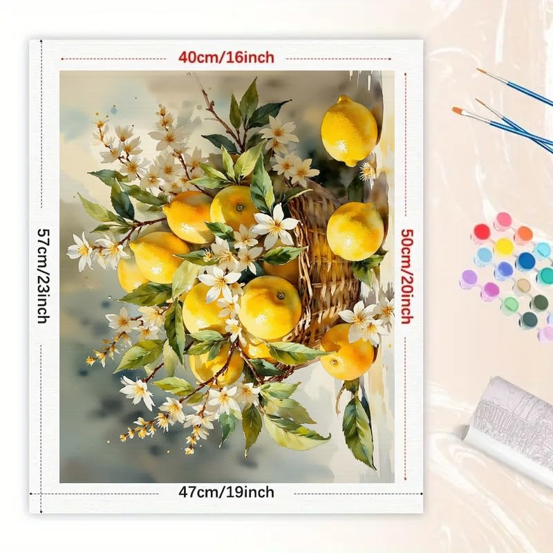 Still Life Paint by Numbers Kit for Adults - DIY Lemon Basket with Blossoms Painting on Canvas 16x20 Inches, Acrylic Paint Set, Suitable for Beginners, Fruit Art for Home Decoration or Gifts DecorFriday