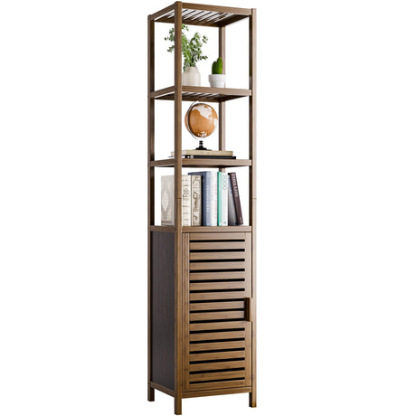 HITNET Bathroom Cabinet, Bamboo Floor Cabinet Freestanding Narrow Storage Unit with Removable Shelves, 6 Tier Tall Cabinet, Walnut HITNET
