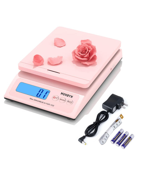 MUNBYN Shipping Scale, Accurate 66lb/0.1oz Postal Scale with Sweet Pink Style, Hold/Tear/PCS Function, Auto-Off, Battery & AC Adapter, Back-Lit LCD Display, Digital Scale for Packages and Food Pink MUNBYN