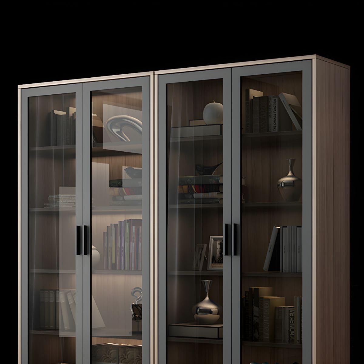 KWOKING Modern Wooden Bookcase with Glass Doors - 8 Shelves and 2 Drawer Storage Solution KWOKING