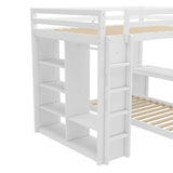 Queen Over Twin Bunk Bed with Desk, Wardrobe, and Storage Shelves, Solid Wood Bunk Beds with Dismountable Lower Bed, Bunkbed Frame for Bedroom, Guestroom, Dorms, No Spring Box Needed, White Bellemave