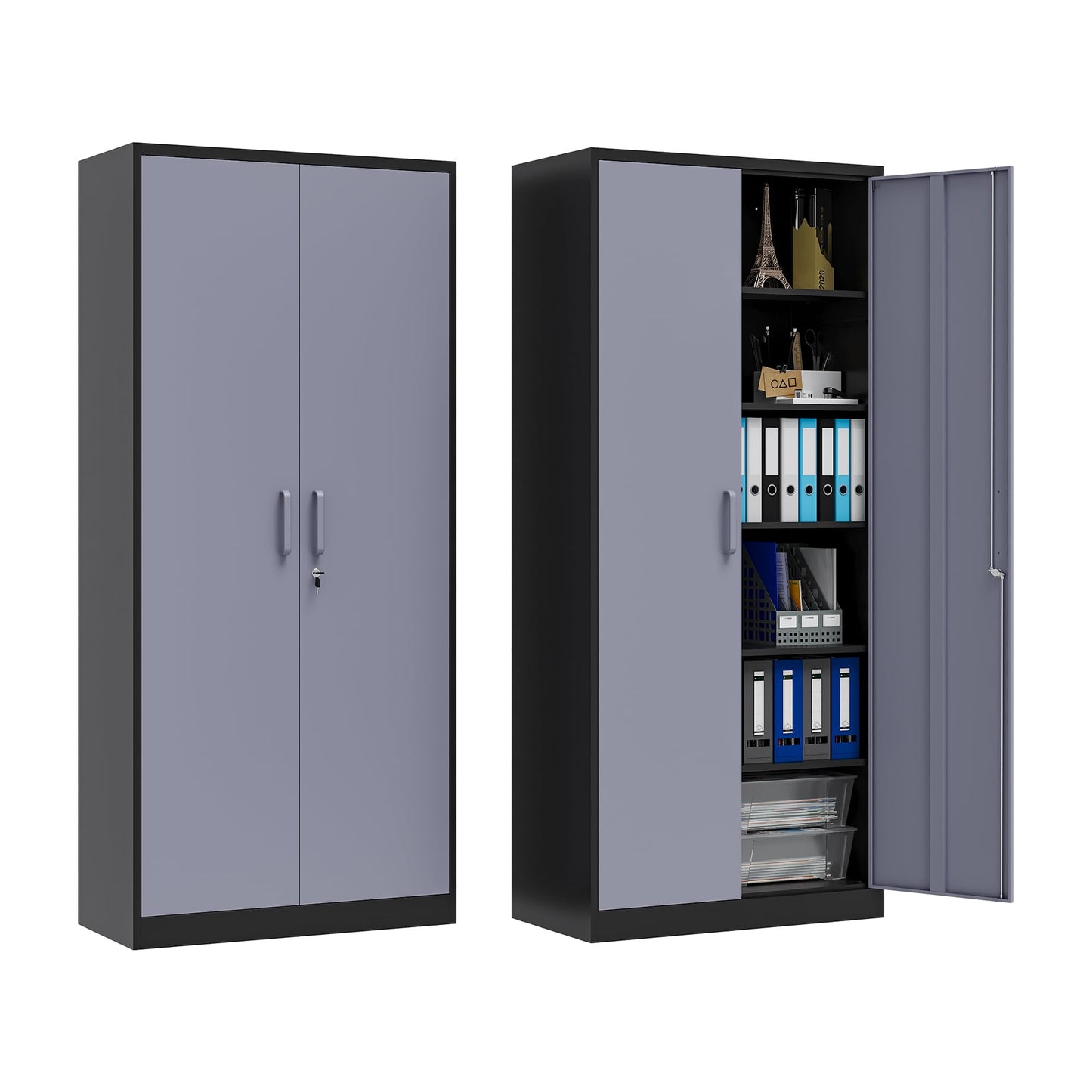 Metal Locking Storage Cabinet with 2 Doors and 5 Adjustable Shelves, 71" Tall Steel Garage Storage Cabinets for Home Office, Garage, Living Room, Pantry, Tool Organizer (Black Grey, 2 Doors - 71"H)