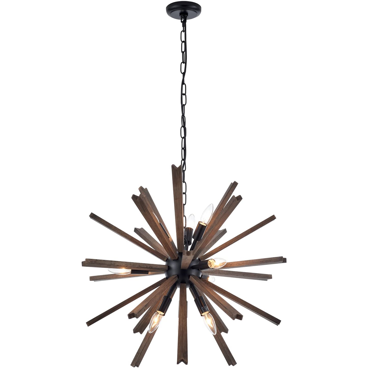 VANZARLA 9-Light Sputnik Pendant Light Black, Farmhouse Wood Chandelier for Dining Room Industrial Hanging Light Fixture Ceiling for Bedroom Entryway Kitchen Foyer Living Room