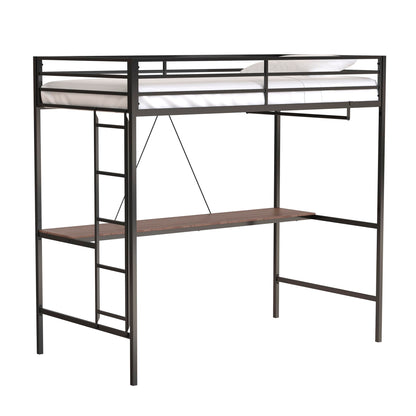 Twin Size Loft Bed with Desk and Closet Rod for Kids,Heavy Duty Loft Bed Frame with Safety Guardrail, Loft Metal Bunk Bed Twin Size, Space-Saving, Noise Free,Black