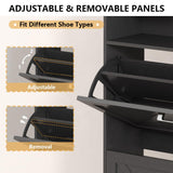 Shoe Cabinet with 2 Flip Drawers, Freestanding Hidden Shoe Storage Organizer for Entryway, Narrow Slim Shoe Rack Cabinet with Open Storage & Hooks for Front Door Entrance, Living Room, Hallway, Black Xixini