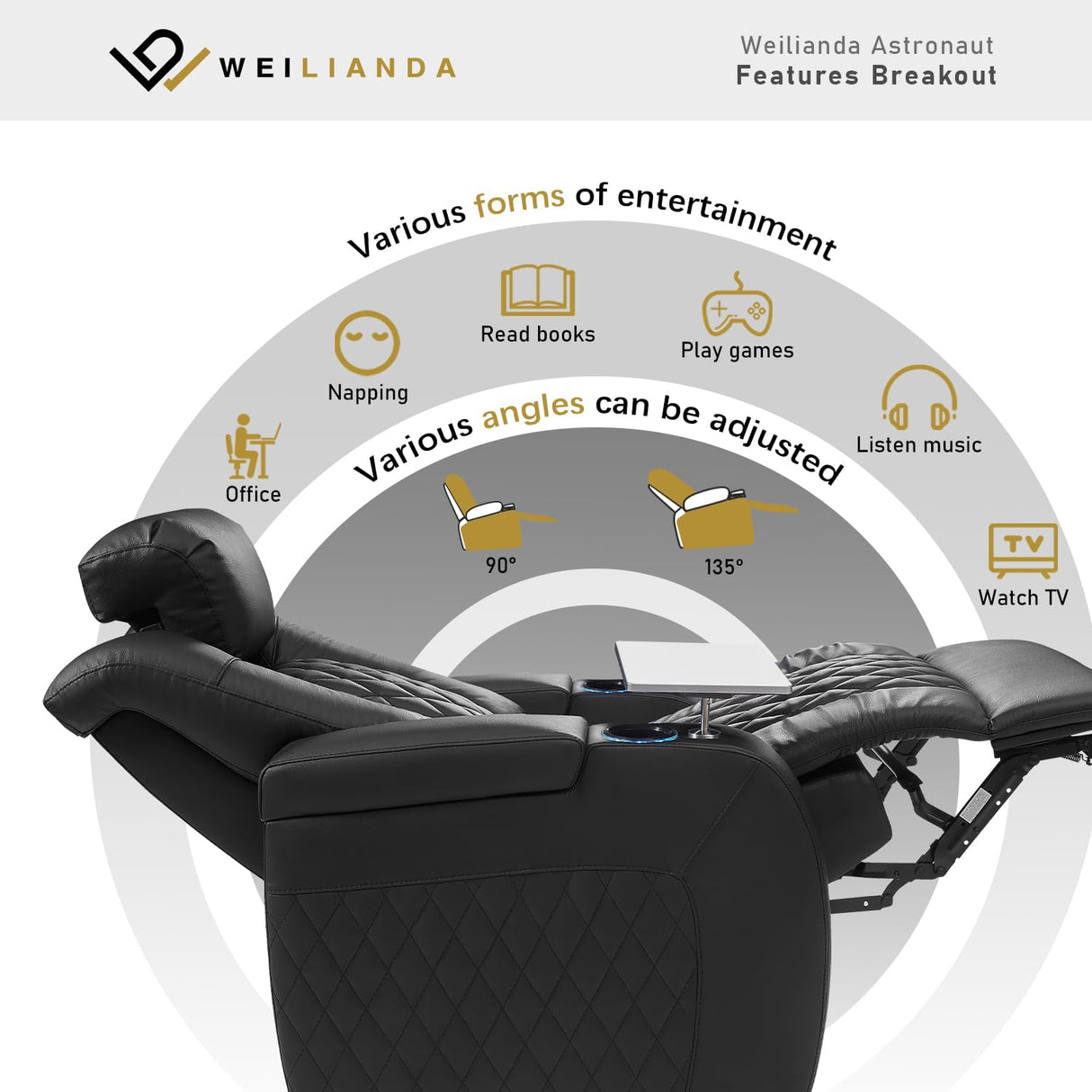 Weilianda Home Theater Seating, Top Grain Leather Zero Gravity Movie Seats Recliner Sofa, Reclining Gaming Couch with Power Lumbar 7 Colors Ambient Lighting USB C Charge Row of 4 Black Weilianda