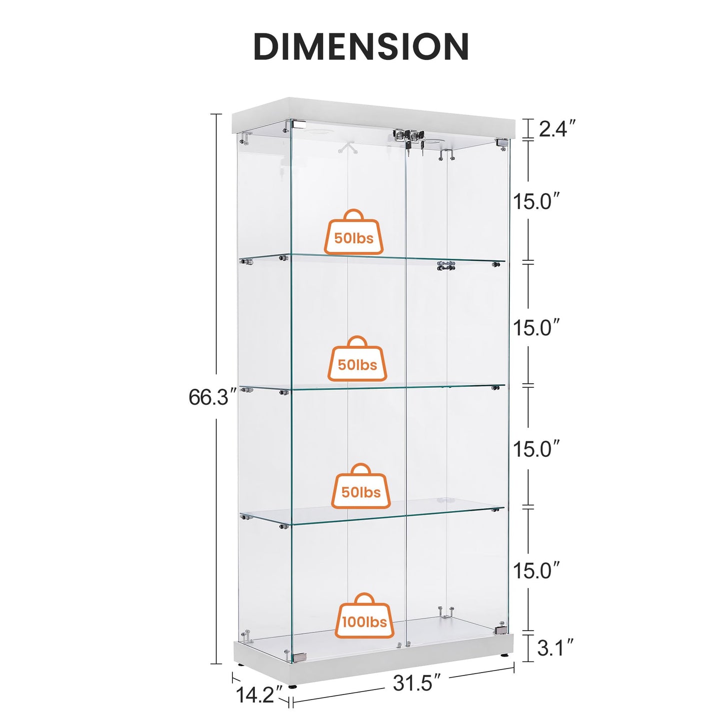 Yoluckea Glass Cabinet with Light, 4 Shelves Glass Display Cabinet w/2 Doors, Floor Standing Clear Glass Curio Cabinet Collection Display Cabinet for Living Room Bedroom 66.3” x 31.5” x 14.2” White