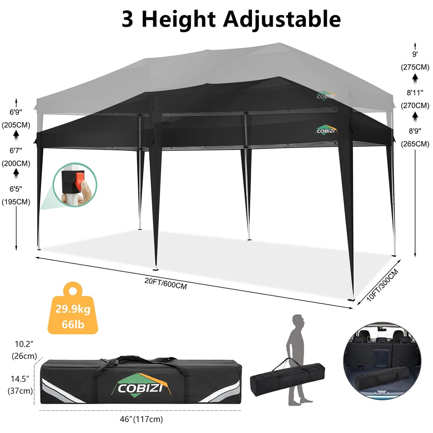 COBIZI Canopy 10x20 Pop Up Canopy Tent with 6 Sidewalls, Waterproof Outdoor Event Shelter Gazebo Sun Shade Portable 10x20 Tents for Parties Beach Camping Commercial Instant Canopy (Black, 10'x20')