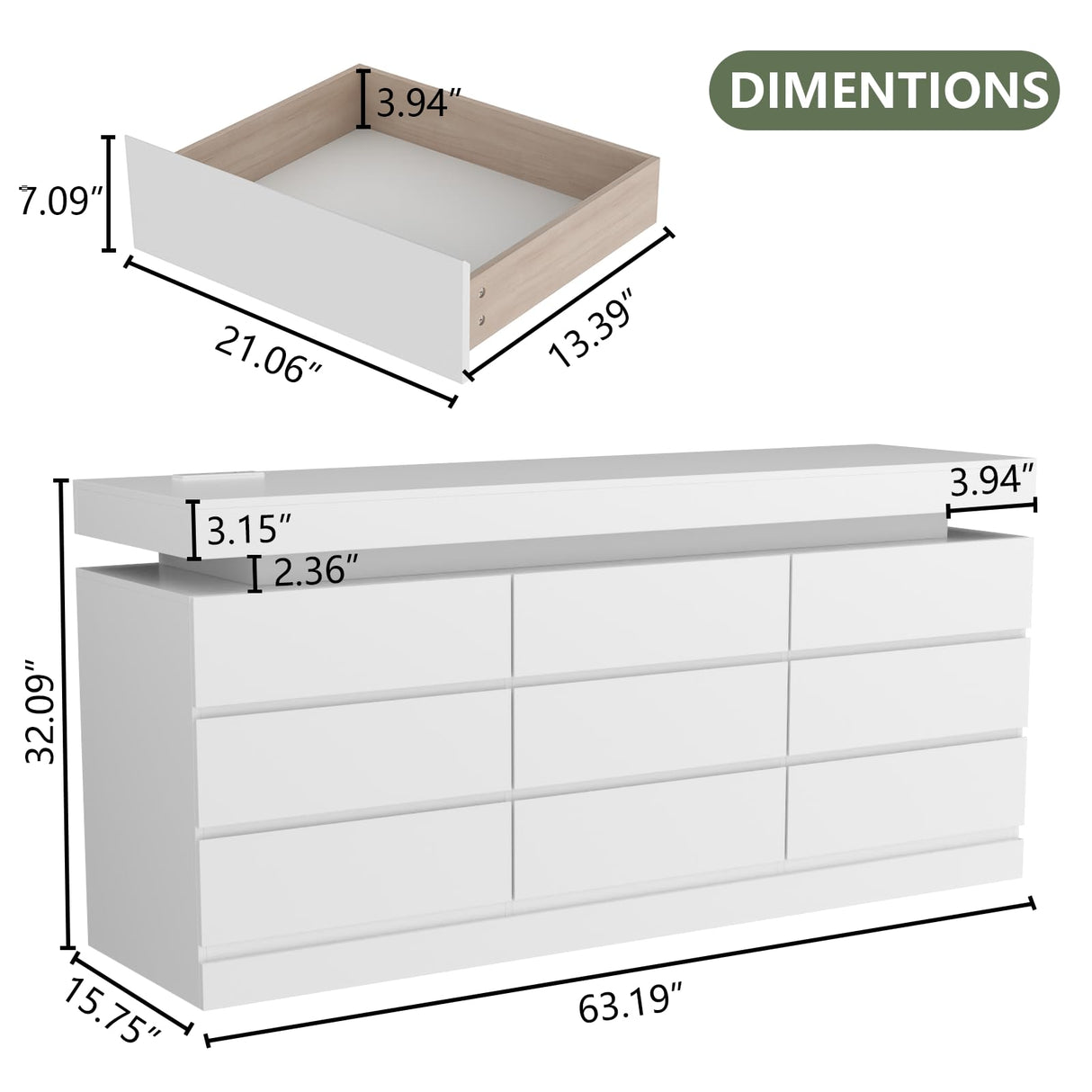 9 Drawer Dresser with Power Outlet, Dresser with LED Light, Modern Chest of Drawers for Closet, Triple Wide Drawer Organizer Cabinet for Bedroom, Living Room, Entryway, Hallway (White, 9 Drawers) Gyfimoie