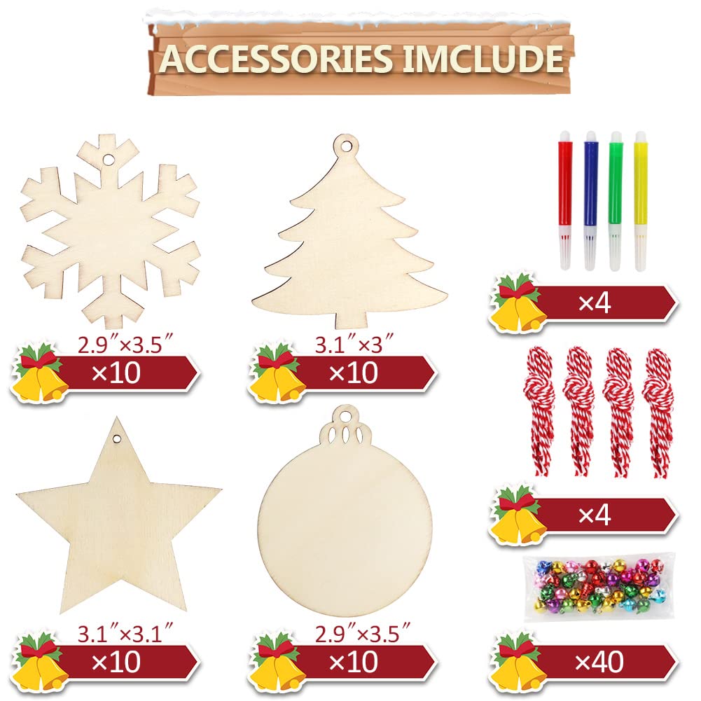 OurWarm 40pcs Wooden Christmas Ornaments Crafts for Kids, DIY Christmas Crafts Ornament Making Kit Unfinished Wood Slices with Holes, Hanging Christmas Centerpieces Decorations, 4 Styles