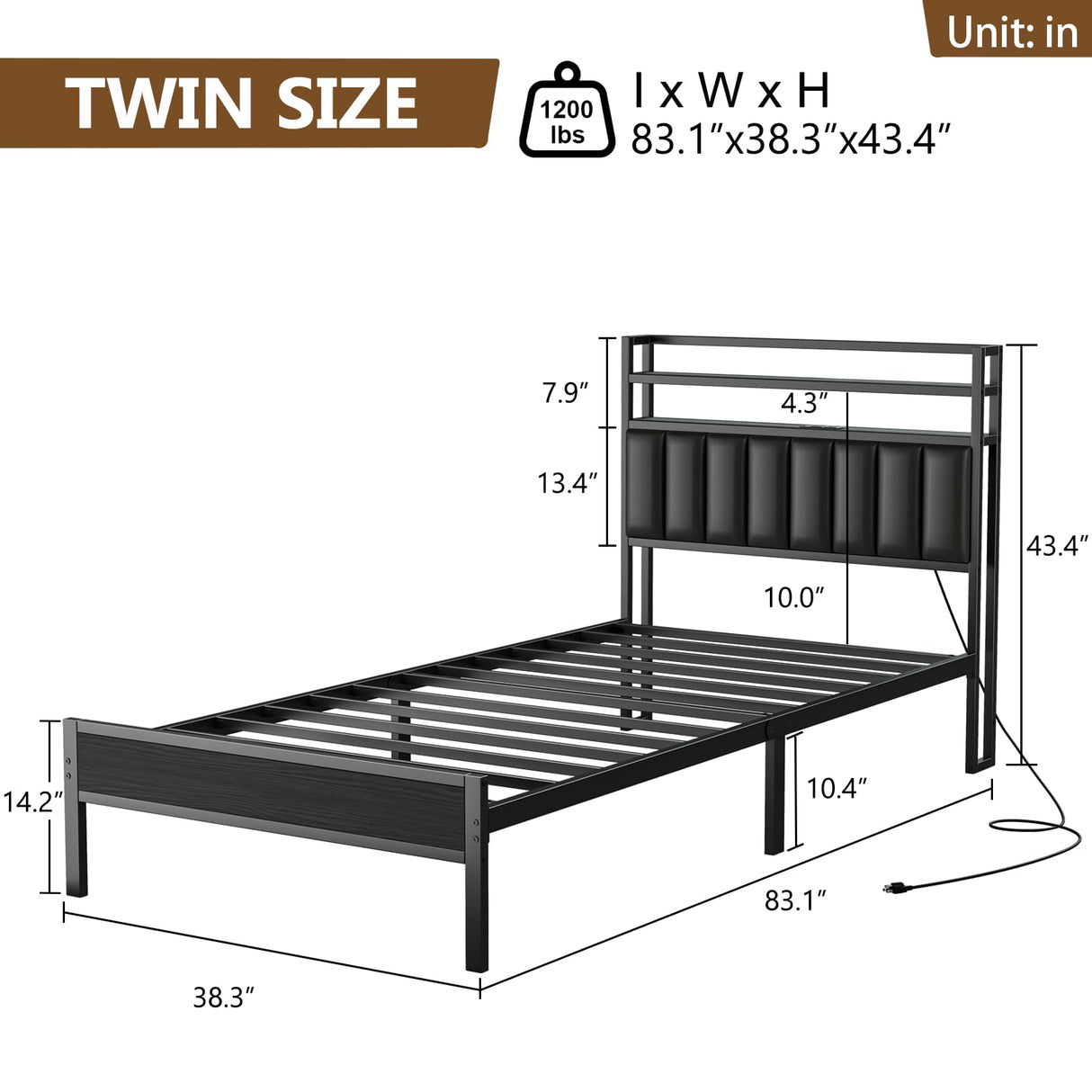 CollaredEagle Twin Size Bed Frame with Headboard, Metal Bed Frame with Charging Station and LED Lights, Heavy Duty Bed with Storage Shelves,Noise Free,No Box Spring,Black CollaredEagle