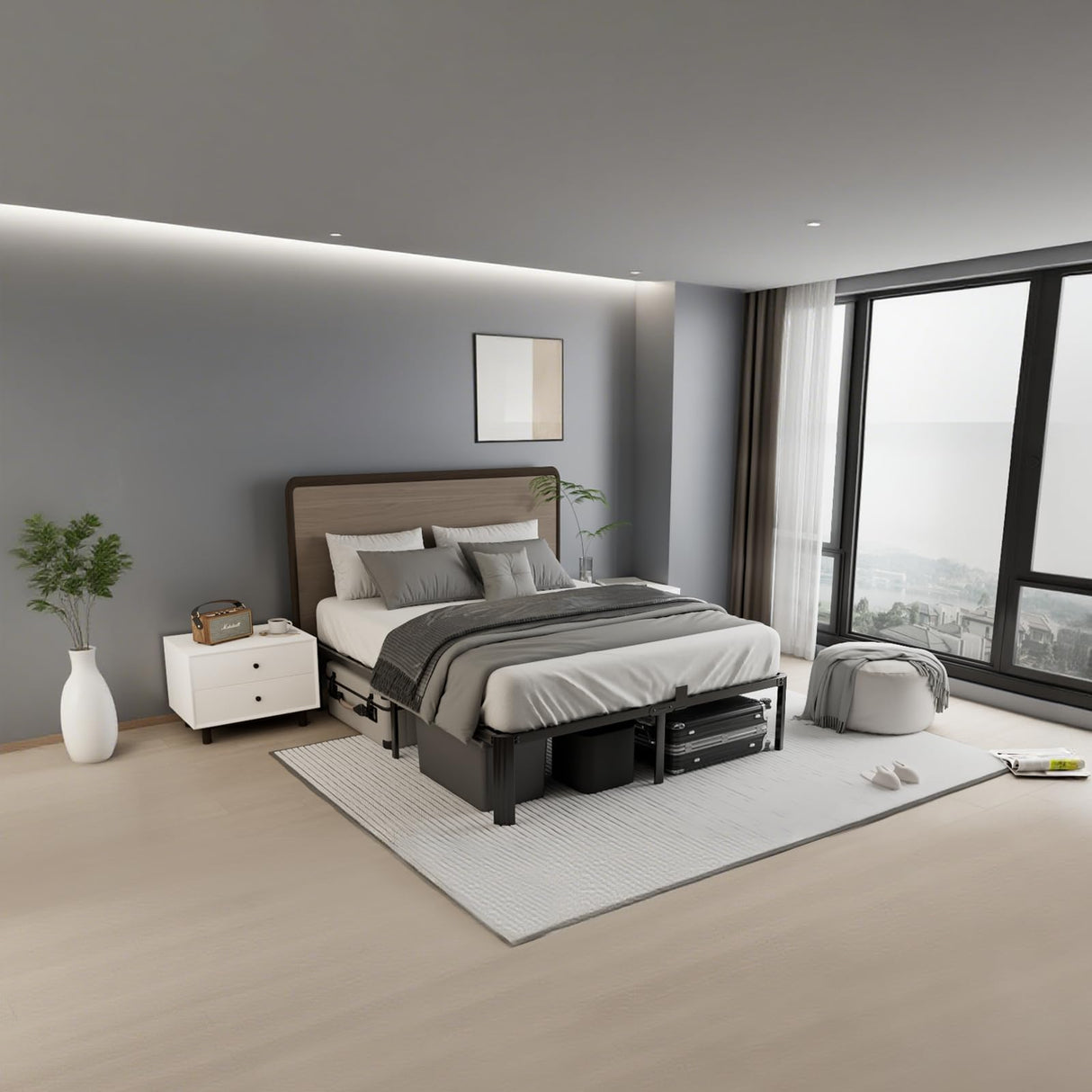 hiyuehome 14 inch King Size Bed Frame Metal Platform No Box Spring Needed with Headboard Hole Round Corner Legs Mattress Stoppers Retainers 3500LBS Queen Bed Frames Heavy Duty Steel Slats Noise-Free hiyuehome