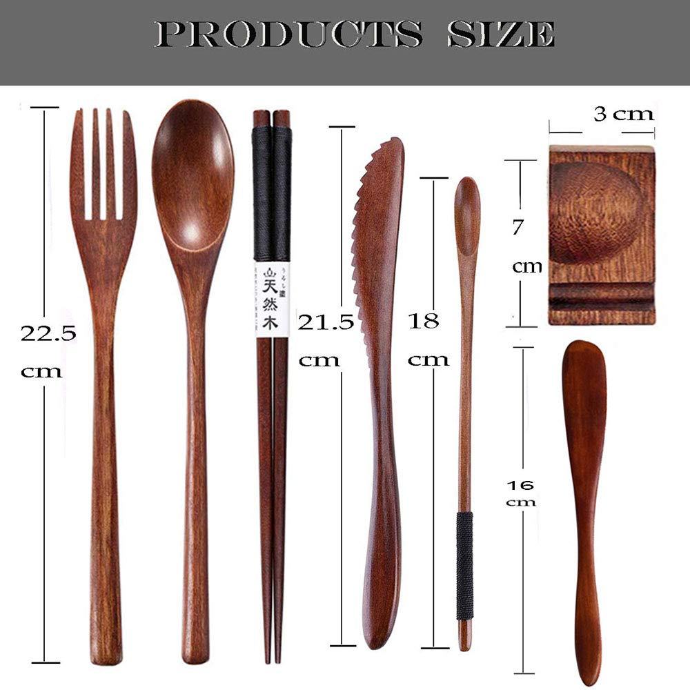 Busnos bamboo Utensils for Eating Reusable wooden travel flatware set with Case 9 Pcs durable wooden cutlery wooden spoons forks and chopsticks Wood Flatware Set with Knife Fork Spoon Chopsticks Straw Busnos