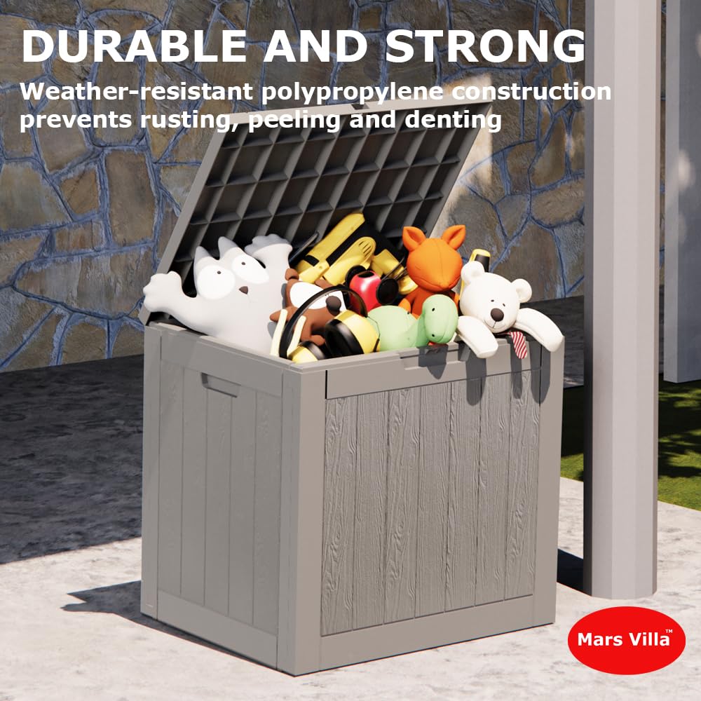 Mars Villa Deck Box, 31 Gallon Resin Indoor and Outdoor Storage Box Waterproof for Patio Furniture Cushions, Pool Supplies, Backyard Toys, Gardening Tools, Weatherproof and UV Resistant (Grey) Mars Villa