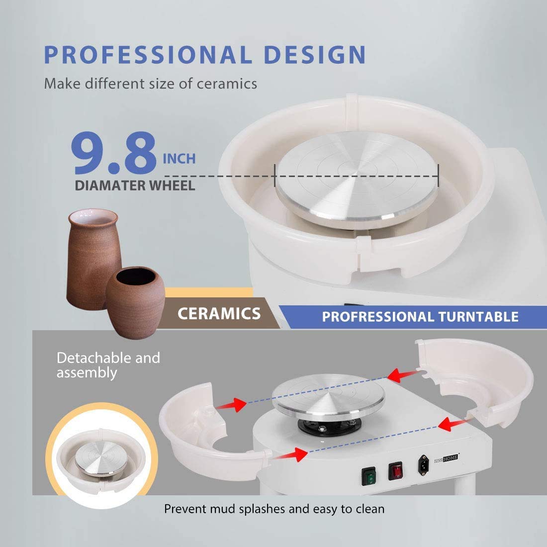 VIVOHOME 25CM Pottery Wheel Forming Machine 350W Electric DIY Clay Tool with Foot Pedal and Detachable Basin for Ceramic Work Art Craft White VIVOHOME