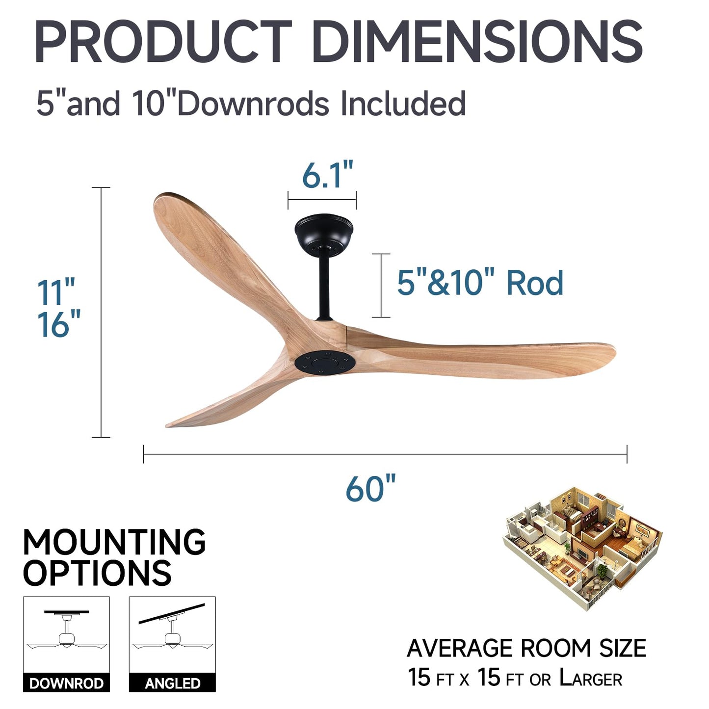 Fanawi 60" Wood Ceiling Fan with Remote Control, DC Motor Ceiling Fan without Lights for Indoor/Outdoor - Modern Design, Powerful Airflow, Silent Operation