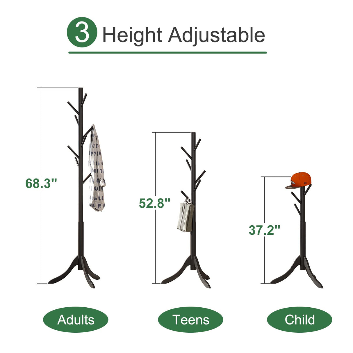 kiplant Black Coat Rack Stand, Bamboo Wood Freestanding Coat Tree with 8 Hooks, Hallway Entryway Hat Hanger Organizer Standing for Bedroom, Office, Clothes, Jackets, Bags, Umbrallas kiplant