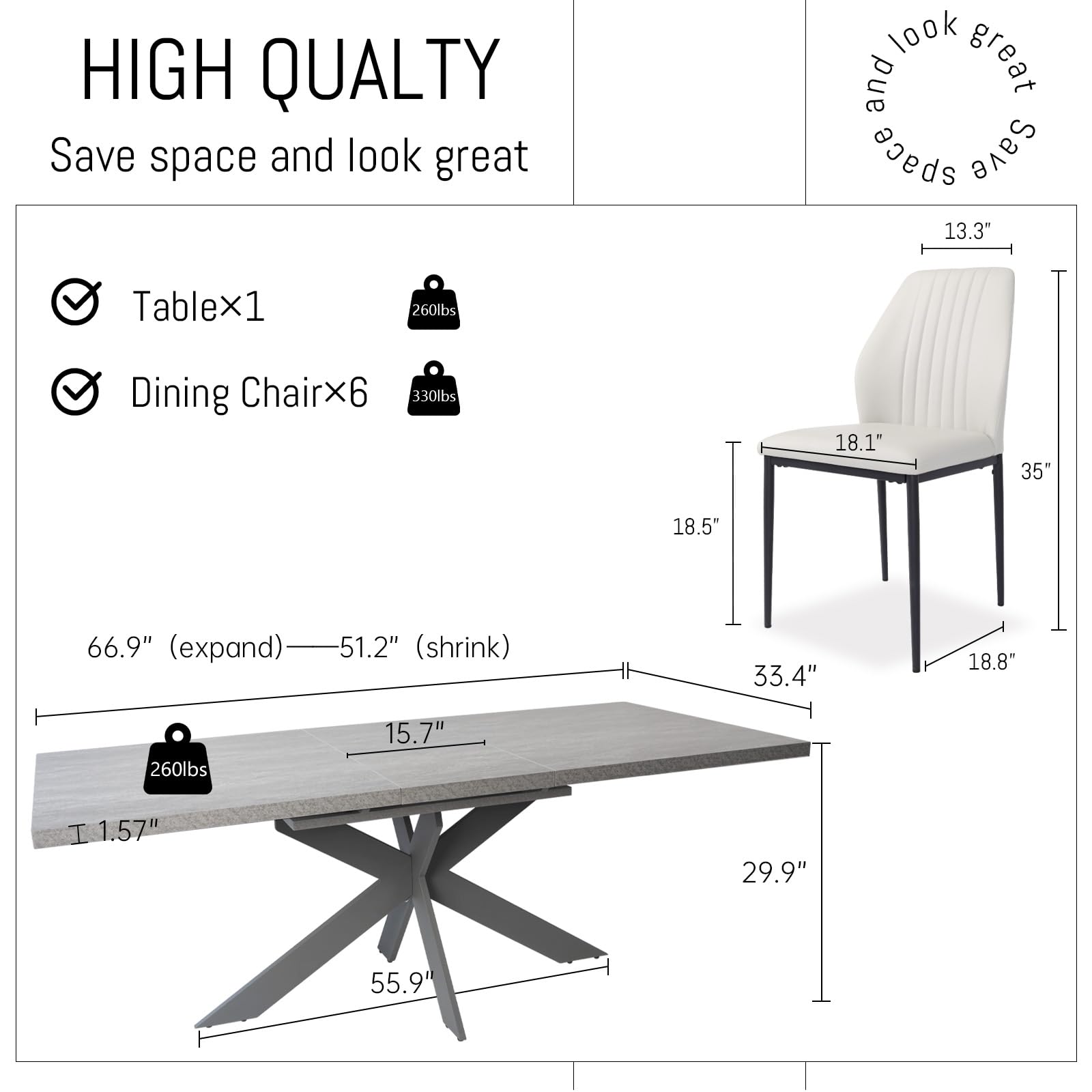 ZckyCine 6-8 People Modern Dining Table Rectangular Kitchen Dining Table Space-Saving Expandable Dining Table Metal Frame (Gray Table + 6 White Chairs) - WoodArtSupply