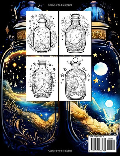 Moonlit Elixirs Coloring Book For Adults: Enchant Your Senses with Mystical Bottles and Lunar Charm