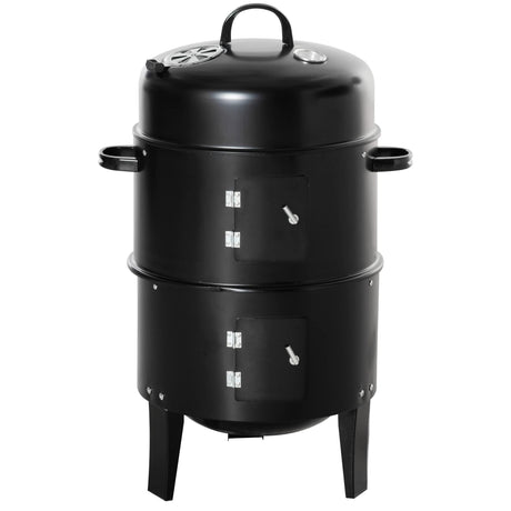 Outsunny Vertical Charcoal BBQ Smoker, 3-in-1 16" Round Charcoal Barbecue Grill with 2 Cooking Area, and Thermometer for Outdoor Camping Picnic Backyard Cooking, Black Outsunny