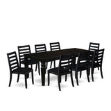 East West Furniture LGX19-BLK-24 -9 Piece Dining Set Includes a Rectangular Kitchen Table with Black Tabletop and 8 Stackable Polyester Fabric Chairs, Black East West Furniture