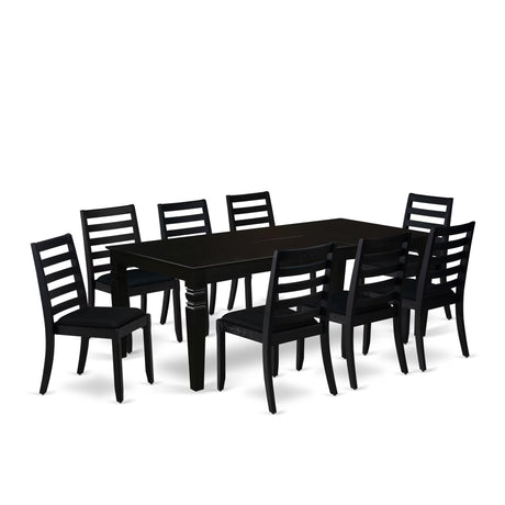 East West Furniture LGX19-BLK-24 -9 Piece Dining Set Includes a Rectangular Kitchen Table with Black Tabletop and 8 Stackable Polyester Fabric Chairs, Black East West Furniture