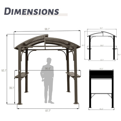 Domi Hardtop Grill Gazebo 8x5FT, Outdoor BBQ Gazebo with Galvanized Steel Double Roof, Permanent Sun Shade Grill Canopy Shelter with 2 Side Shelves and Ceiling Hook for Patio Yard Garden (Brown)