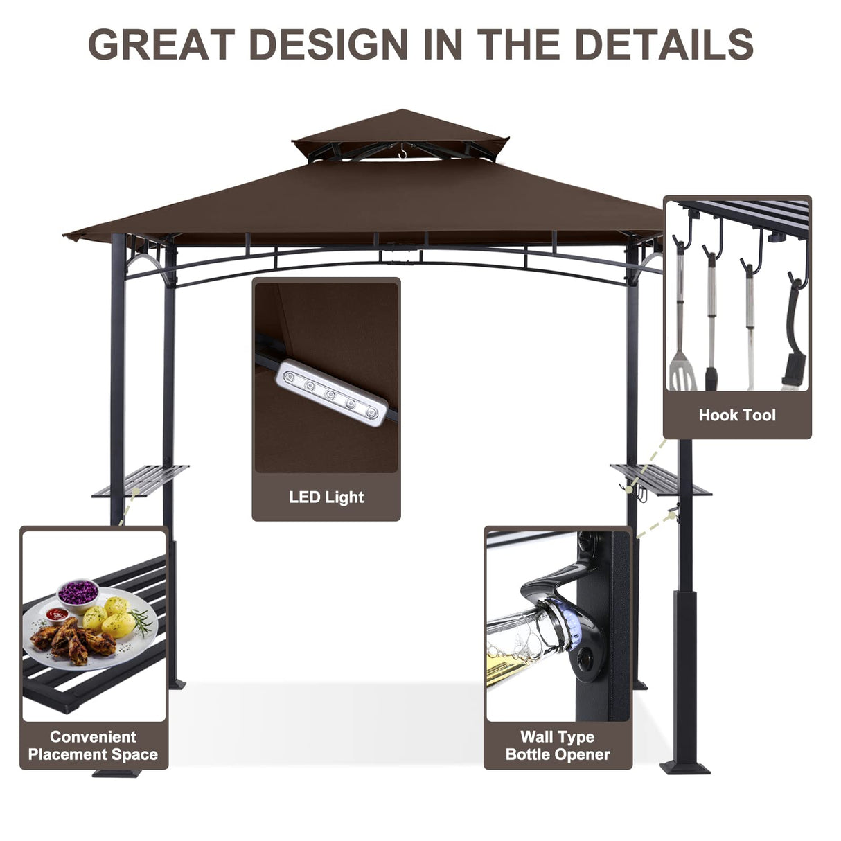 ABCCANOPY 8'x 5' Grill Gazebo Canopy - Outdoor BBQ Gazebo Shelter with LED Light, Patio Canopy Tent for Barbecue and Picnic (Brown) ABCCANOPY