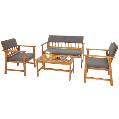 VINGLI Outdoor Patio Furniture, 4 Piece Acacia Wood Sofa Set w/Coffee Table, Patio Table and Chairs Set for Deck, Balcony, Backyard (Natural) VINGLI