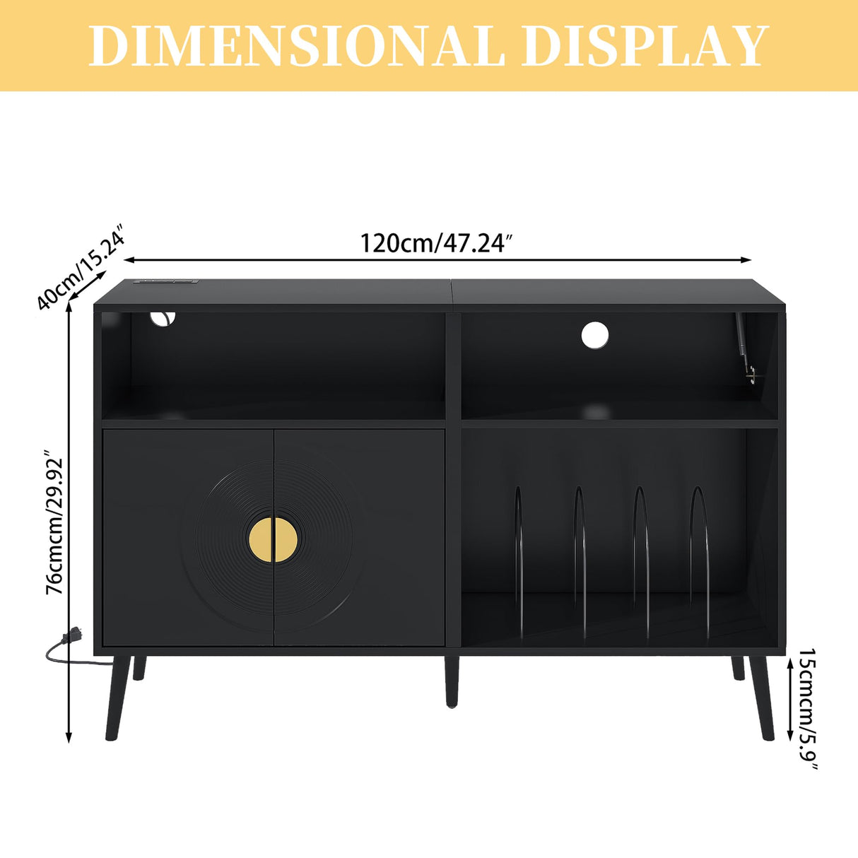 Large Record Player Stand, Record Table Cabinet with Power Outlet, Modern Vinyl Record Storage Cabinet with Wood Legs for Bedroom, Living Room, Office (Black) Athuiline