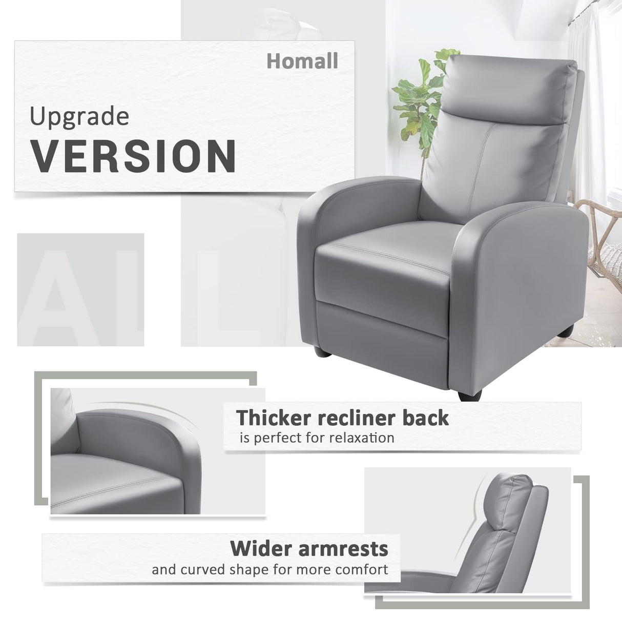 Homall Recliner Chair, Recliner Sofa for Adults, Recliners Home Theater Seating with Lumbar Support, Reclining Sofa Chair for Living Room (Leather, Grey) Homall