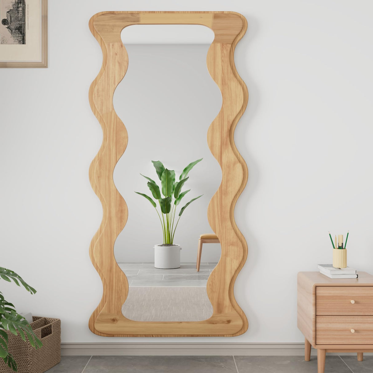 osemy 65" x 24" Full Length Mirror Wood Framed Wavy Full Body Mirror Shatter-Proof Mirror Hanging/Leaning Wall Mounted Wooden Mirror for Dressing Bedroom Living Room osemy