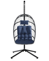 SWITTE Egg Chair Outdoor with Stand, Indoor Wicker Hanging Egg Swing Chair with Cushion, 350lbs Capacity for Patio, Bedroom, Garden - Dark Blue SWITTE