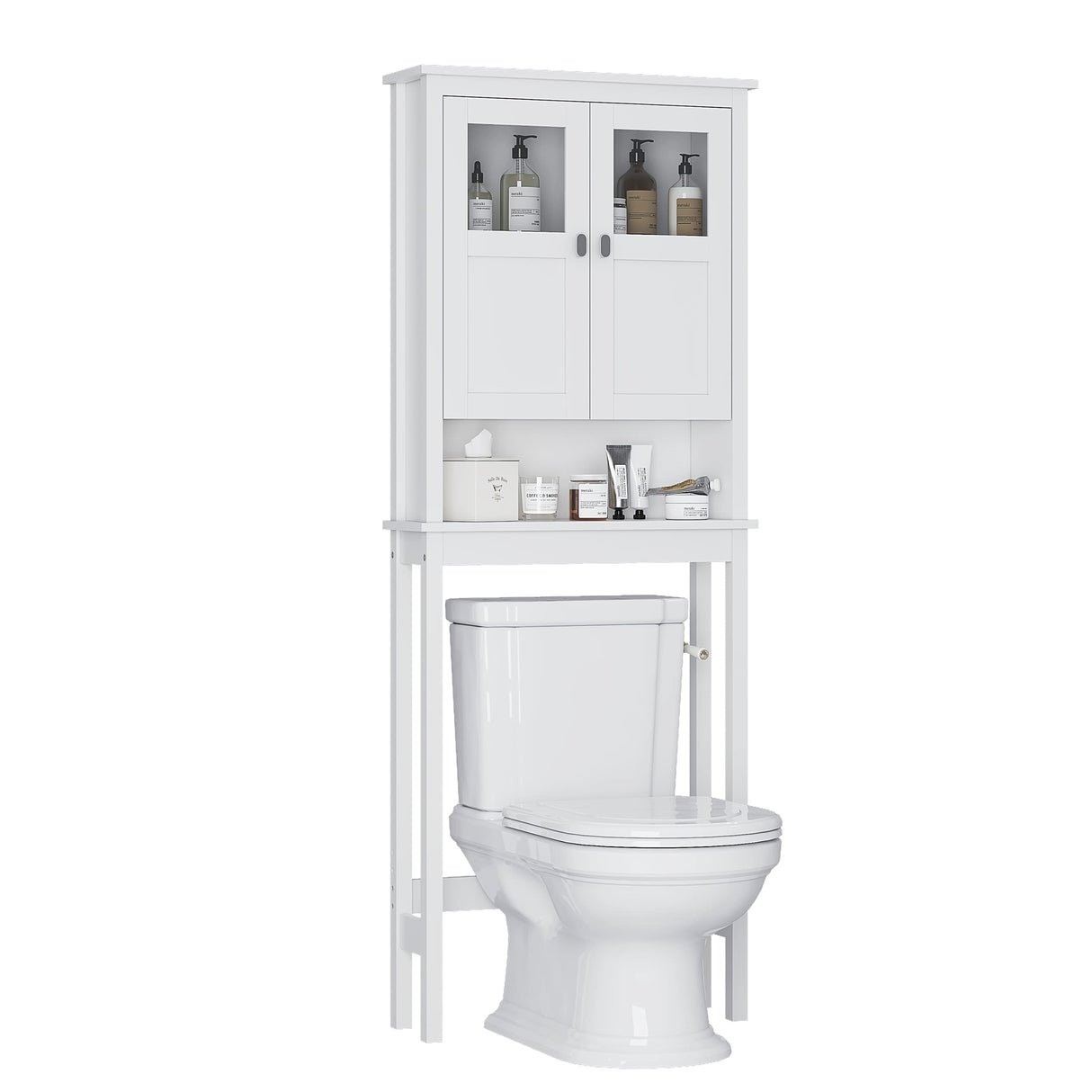 Spirich White Over Toilet Bathroom Storage Cabinet with Glass Doors and Adjustable Shelves Spirich