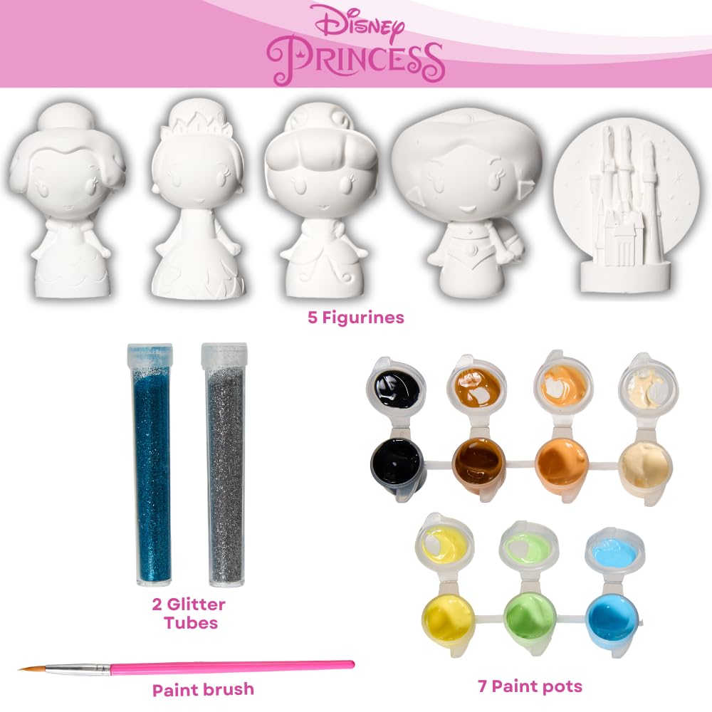 Innovative Designs Disney Princess DIY Paint Your Own Figurines Arts and Crafts Set for Girls, Paint, Paint Brush, and Glitter – Cinderella, Belle, Tiana, Jasmine, and Princess Castle Innovative Designs
