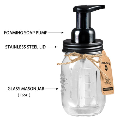 SheeChung Bathroom Accessories Set - Mason Jar Foaming Hand Soap Dispenser, Qtip Holder Set, Rustic Farmhouse Decor, Apothecary Jars, Bathroom Countertop Organizer - Black SheeChung
