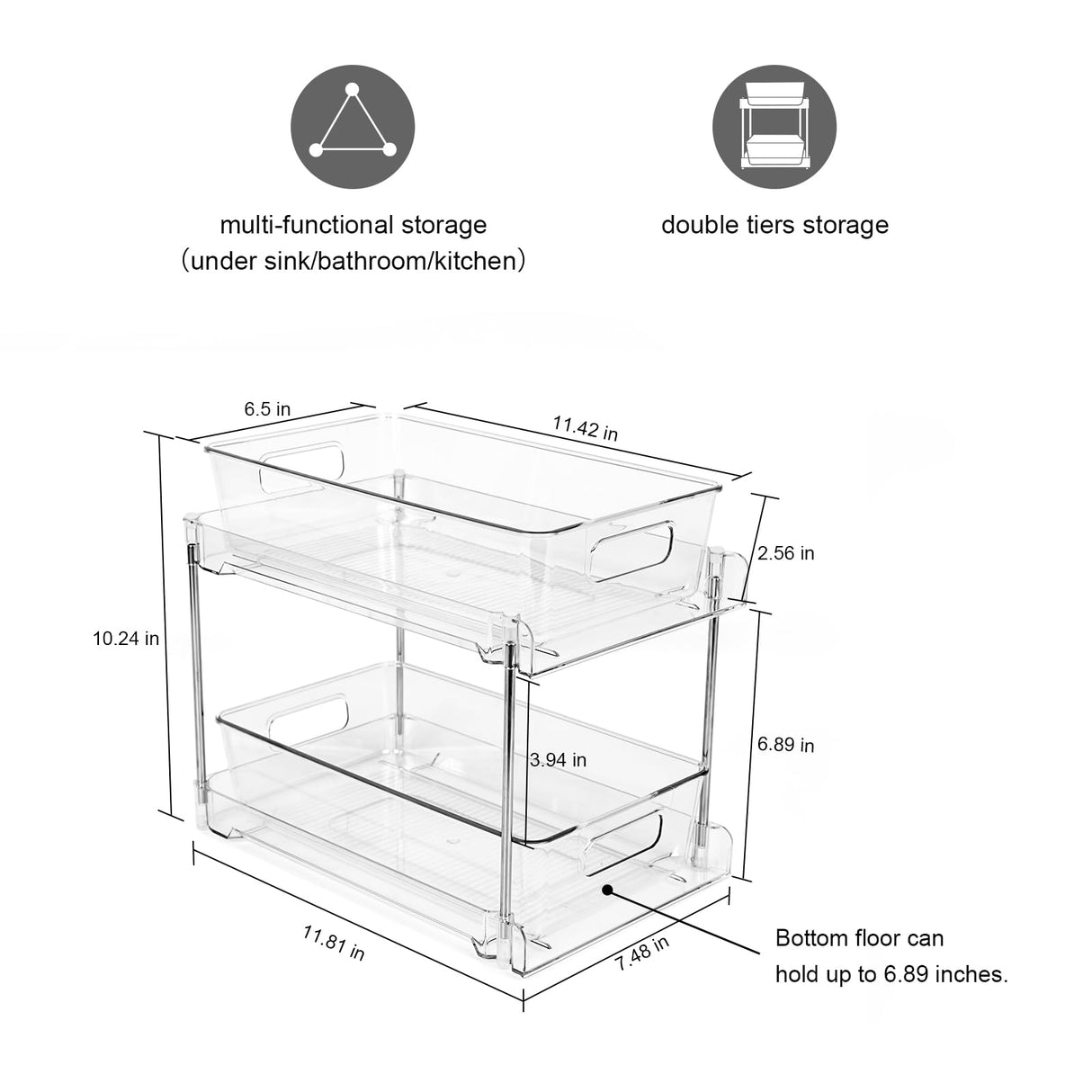 1 Pack 2-Tier Bathroom Organizers and Storage, Clear Under Sink Organizer Vanity Countertop Storage Pantry Organizers, Pull-Out Cabinet Organizer With Track For Bathroom, Kitchen, Pantry COKIHOM