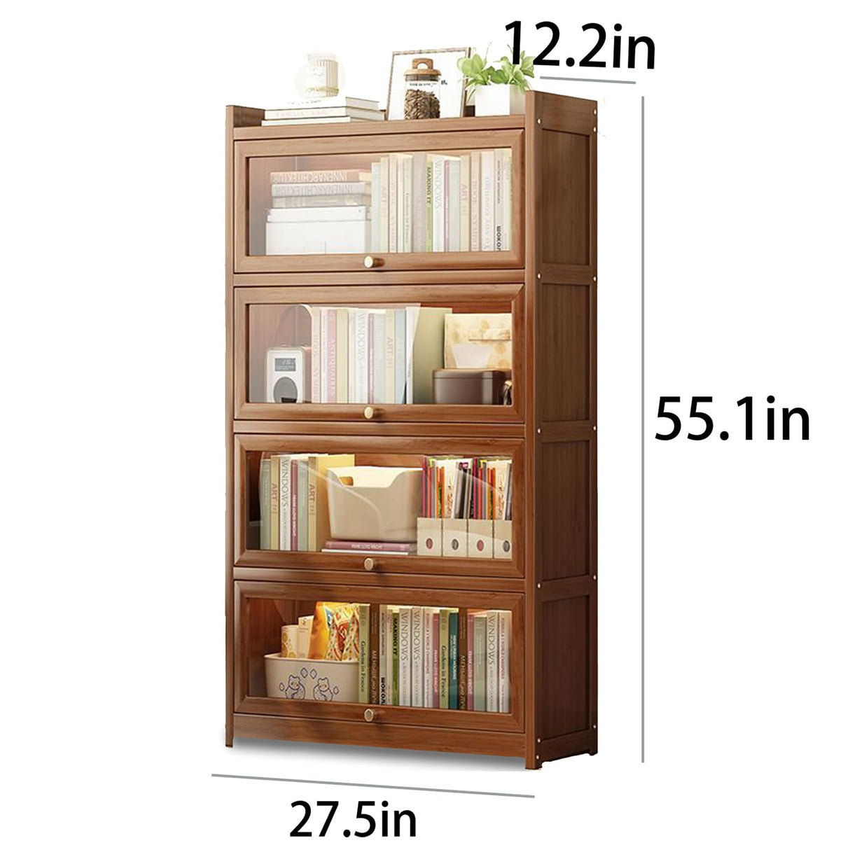 Gakivit 55" Bamboo Bookshelf with Flip-up Acrylic Doors, 4-Tier Bookcase with Clear Doors, Freestanding Cube Storage Organizer with Shelves, Wooden Display Cabinet for Living Room, Study (Brown) Gakivit
