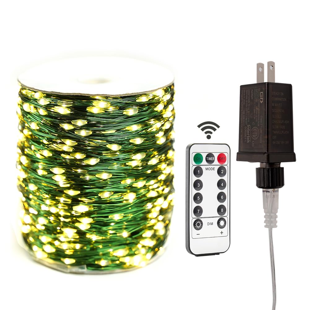RESNICE Extra Long Green Wire Fairy Lights Plug in 660FT High Bright 2000 LED Waterproof LED String Lights with Remote Warm White for Christmas Tree, Patio, Garden, Backyard RESNICE