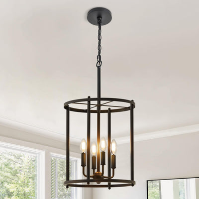 Luvkczc 4-Light Black Chandelier, Industrial Black Lantern Ceiling Light Fixtures with Rustic Metal Cage Adjustable Height Farmhouse Geometric Hanging Light for Kitchen Island, Dining Room, Entryway
