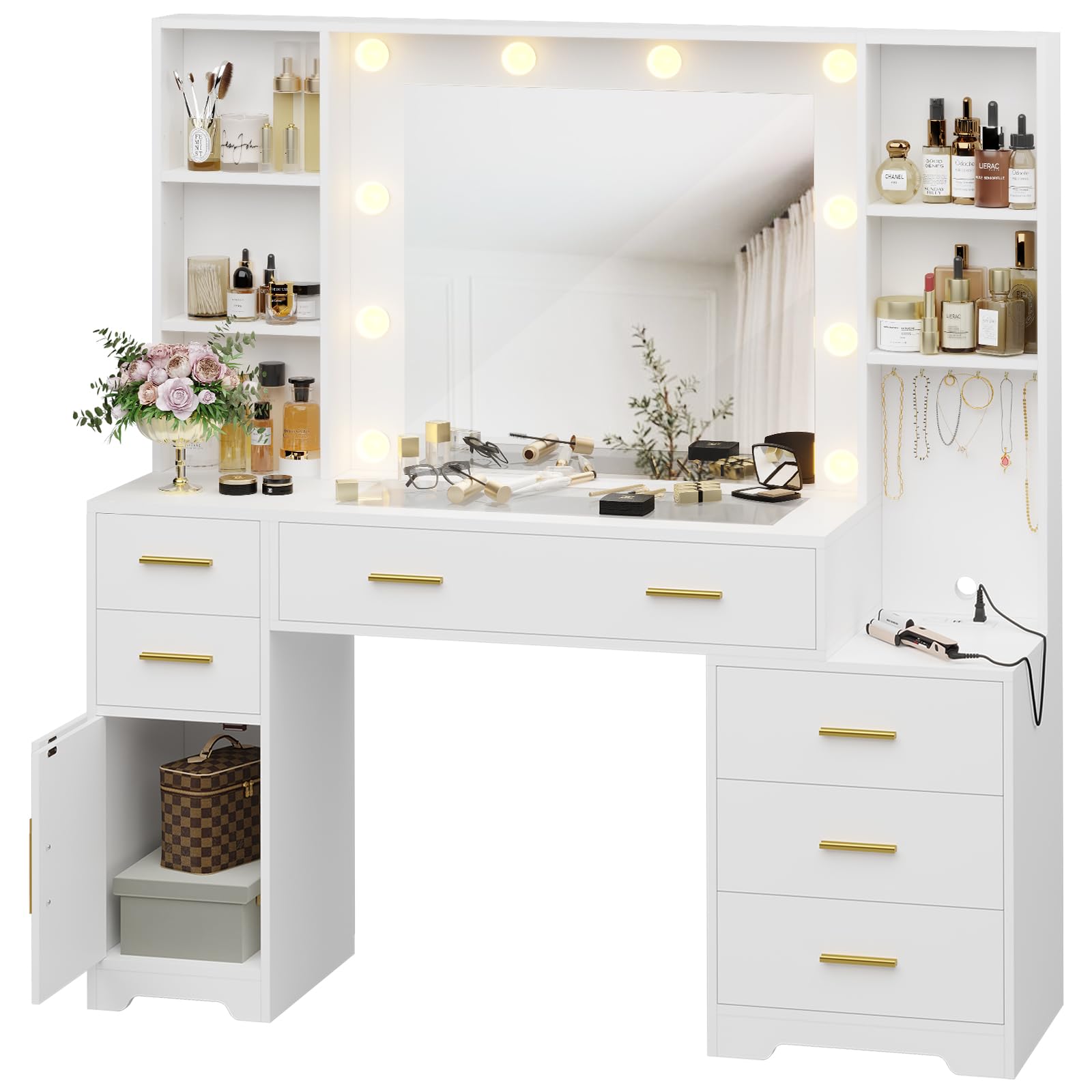 Hasuit 48.8'' Large Vanity Desk with Lighted Mirror & Power Outlet, White Makeup Vanity Table with 6 Drawers, 4 Shelves and 1 Storage Cabinet, Glass Tabletop Bedroom Dressing Table, 3 Lightin - WoodArtSupply