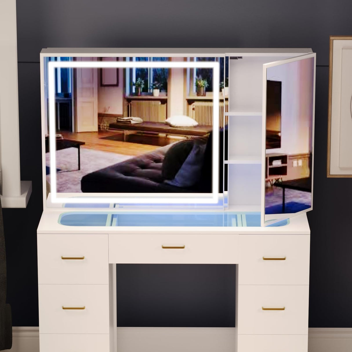 GLAUBIO Vanity Desk Set with Large LED Lighted Mirror, Makeup Table with 7 Drawers,Glass Tabletop Vanity Desk with Cabinet,Modern Vanity Table for Bedroom, White GLAUBIO