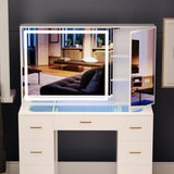 GLAUBIO Vanity Desk Set with Large LED Lighted Mirror, Makeup Table with 7 Drawers,Glass Tabletop Vanity Desk with Cabinet,Modern Vanity Table for Bedroom, White GLAUBIO