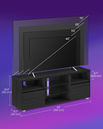 VASAGLE TV Stand with LED Lights for TVs up to 70 Inch, Entertainment Center with Open Glass Shelves, 2 Cabinets with Doors, 63-Inch Long, TV Console for Bedroom Living Room, Black ULTV330T21