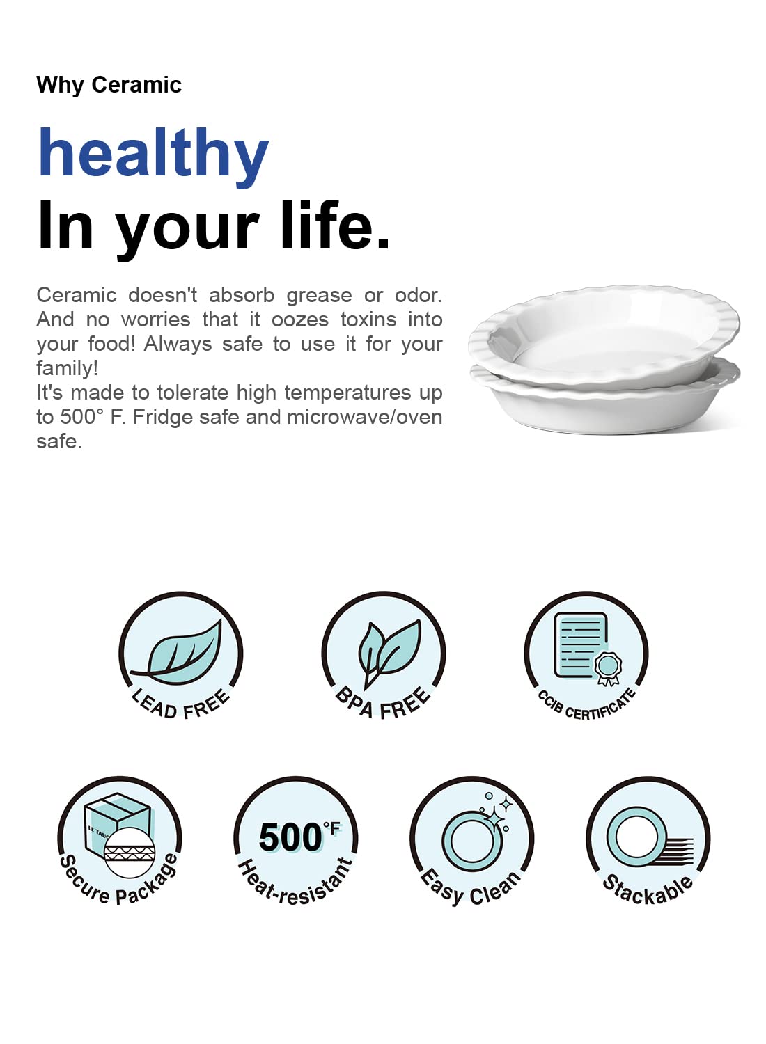 LE TAUCI Ceramic Pie Pans for Baking, 9 Inches Pie Plate for Apple Pie, Round Baking Dish, 36 Ounce Fluted Dish Pie Pan, Set of 2, White LE TAUCI